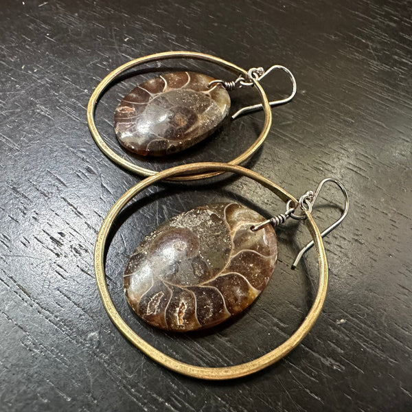 NEW! #1 Bookmatched AMMONITES in MEDIUM BRASS HOOPS, OOAK #1
