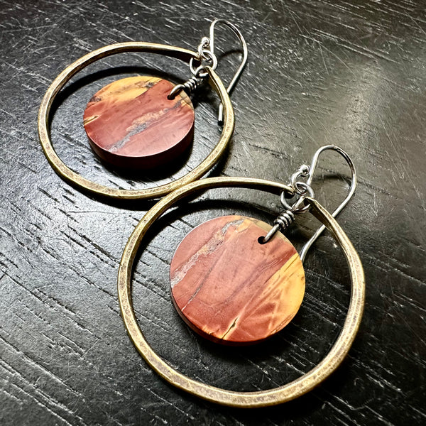 NEW! #1 Bookmatched Picasso Jasper CIRCLES in SMALL Brass Hoops, OOAK #1