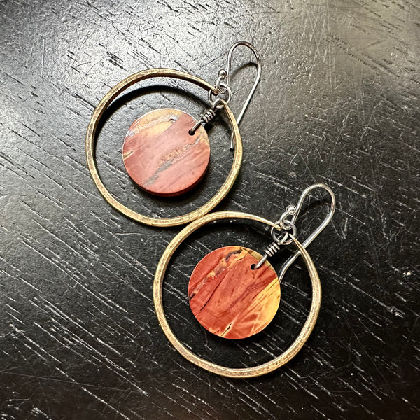 NEW! #1 Bookmatched Picasso Jasper CIRCLES in SMALL Brass Hoops, OOAK #1