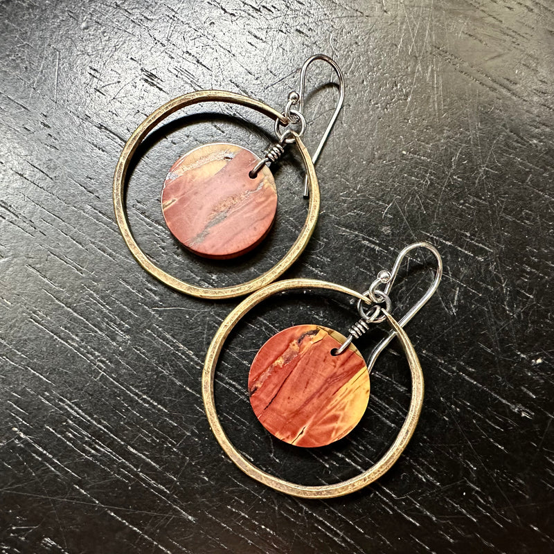 NEW! #1 Bookmatched Picasso Jasper CIRCLES in SMALL Brass Hoops, OOAK #1
