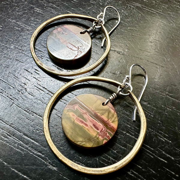 NEW! #2 Bookmatched Picasso Jasper CIRCLES in SMALL Brass Hoops, OOAK #2