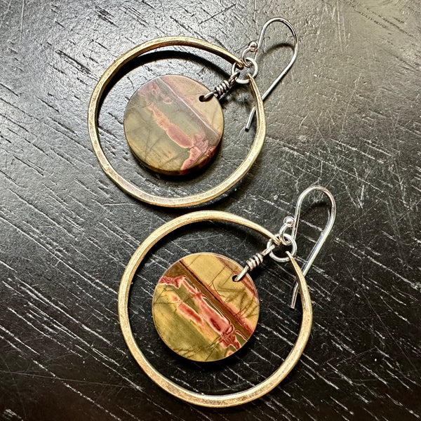 NEW! #2 Bookmatched Picasso Jasper CIRCLES in SMALL Brass Hoops, OOAK #2