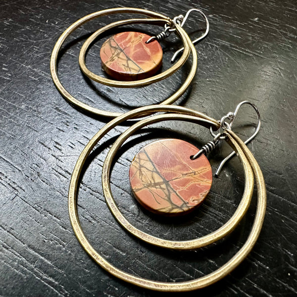 NEW! #4 Bookmatched Picasso Jasper CIRCLES in DOUBLE Brass Hoops, OOAK #4