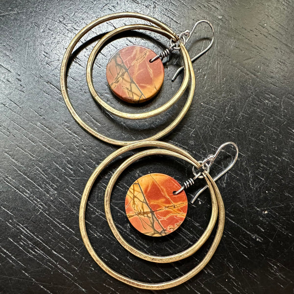 NEW! #4 Bookmatched Picasso Jasper CIRCLES in DOUBLE Brass Hoops, OOAK #4