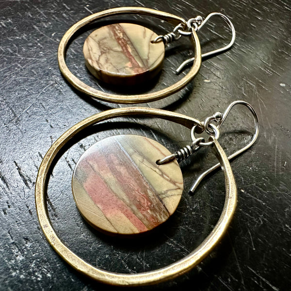 NEW! #3 Bookmatched Picasso Jasper CIRCLES in SMALL Brass Hoops, OOAK #3