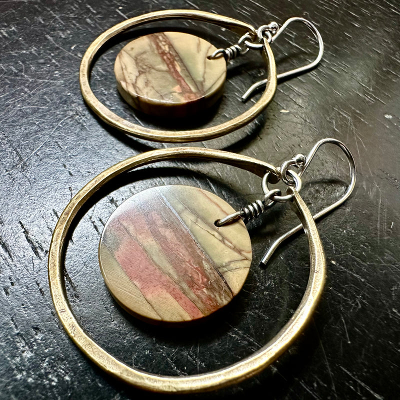 NEW! #3 Bookmatched Picasso Jasper CIRCLES in SMALL Brass Hoops, OOAK #3