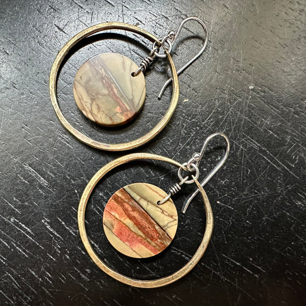 NEW! #3 Bookmatched Picasso Jasper CIRCLES in SMALL Brass Hoops, OOAK #3