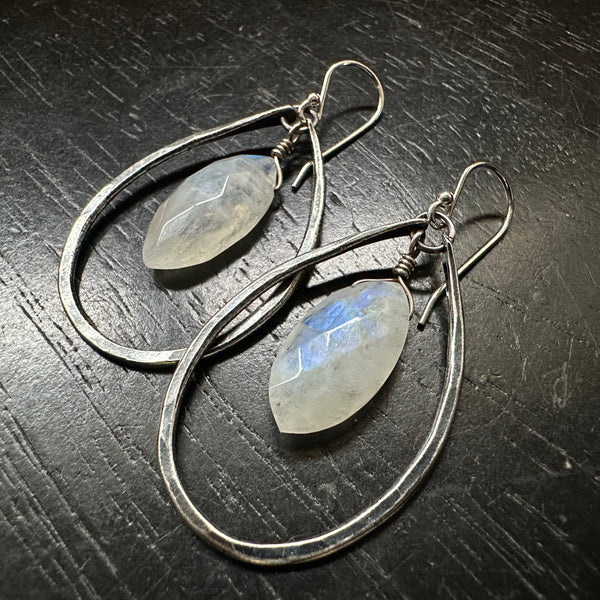 Rainbow Moonstone Teardrop Earrings in Small Silver Hoops