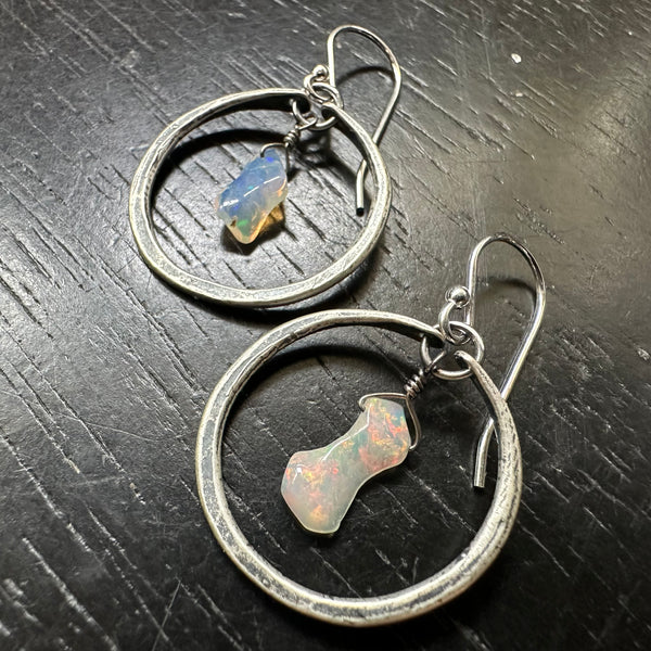 NEW! #2 Tiny Silver Hoops with Raw Drip Opals OOAK #2