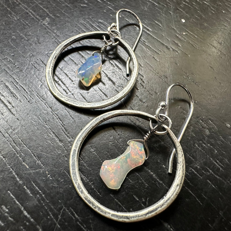 NEW! #2 Tiny Silver Hoops with Raw Drip Opals OOAK #2