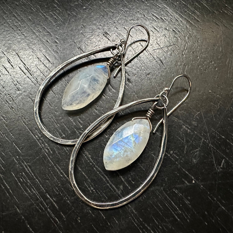 Rainbow Moonstone Teardrop Earrings in Small Silver Hoops