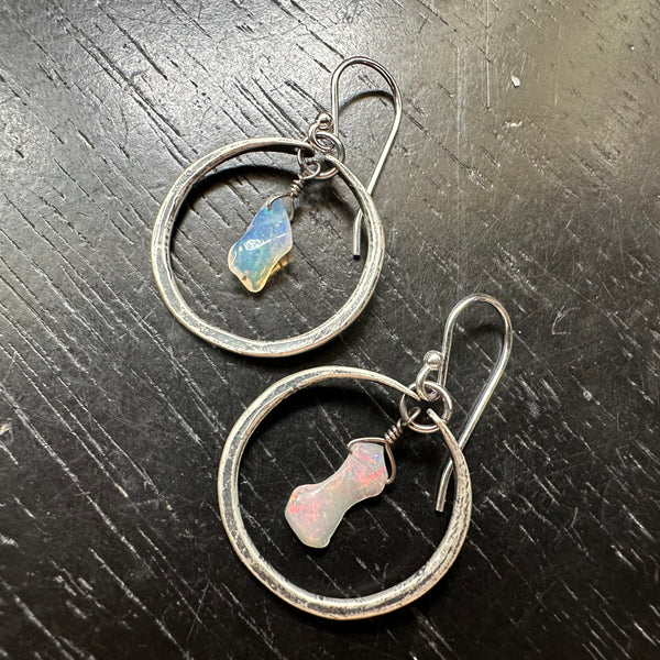 NEW! #2 Tiny Silver Hoops with Raw Drip Opals OOAK #2