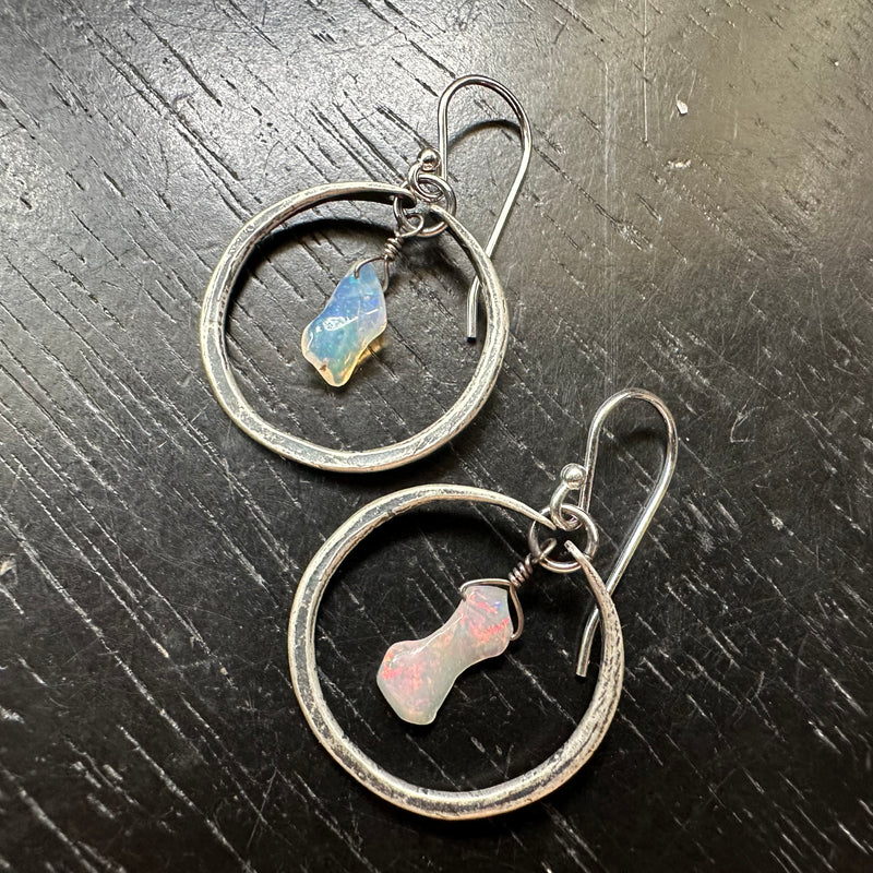 NEW! #2 Tiny Silver Hoops with Raw Drip Opals OOAK #2