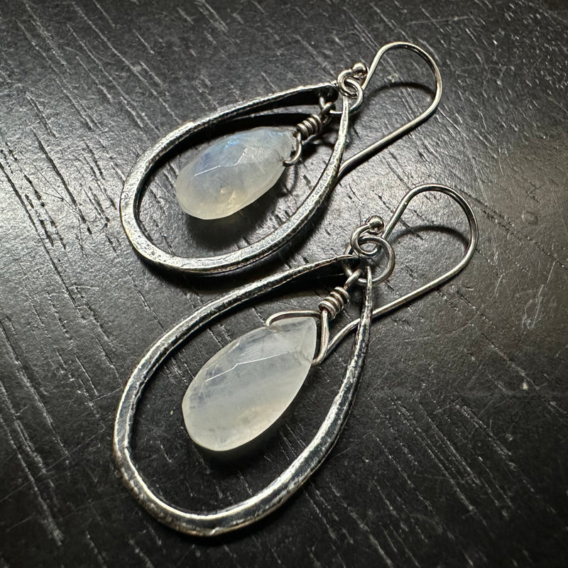 Rainbow Moonstone Teardrop Earrings in Tiny Silver Hoops