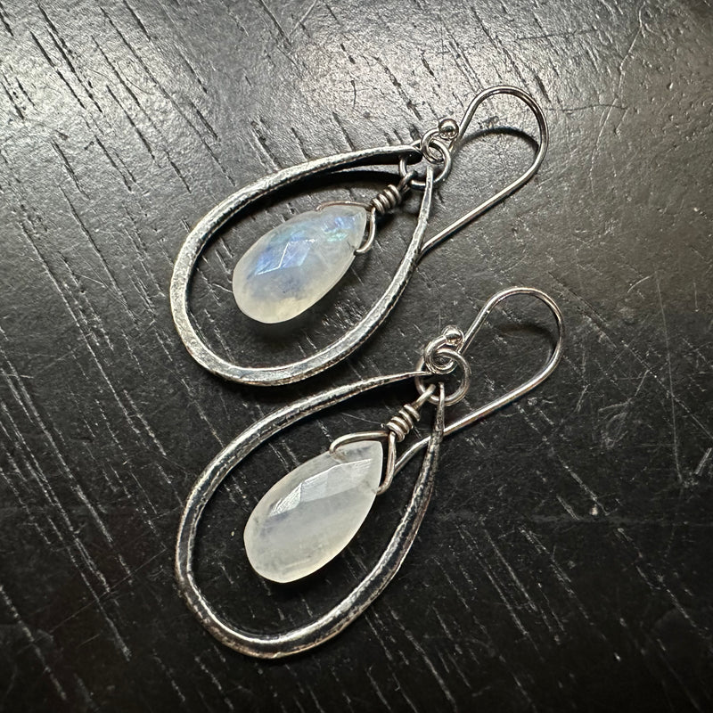Rainbow Moonstone Teardrop Earrings in Tiny Silver Hoops