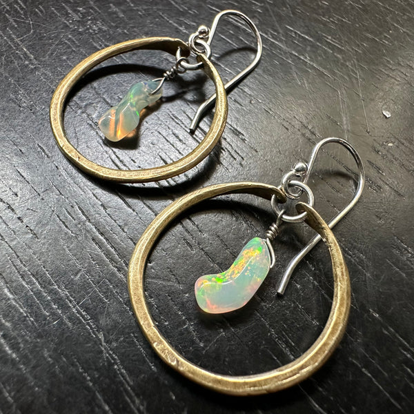 NEW! #1 Tiny Brass Hoops with Raw Drip Opals OOAK #1