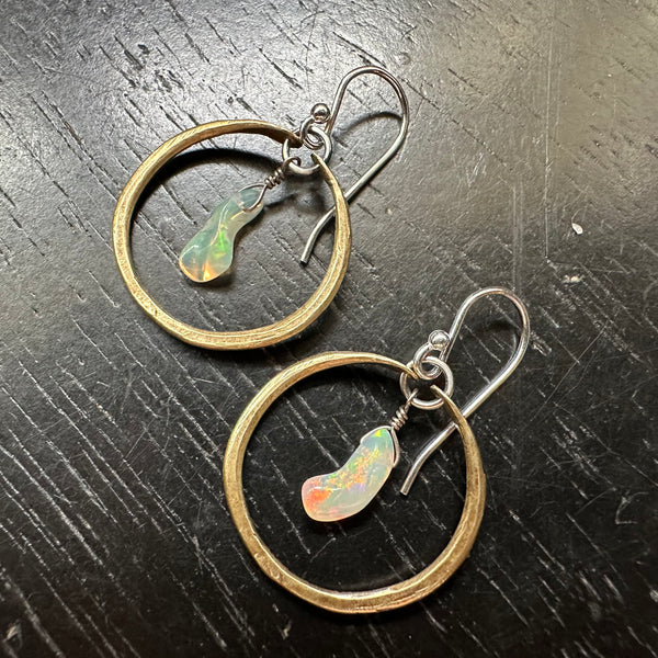 NEW! #1 Tiny Brass Hoops with Raw Drip Opals OOAK #1