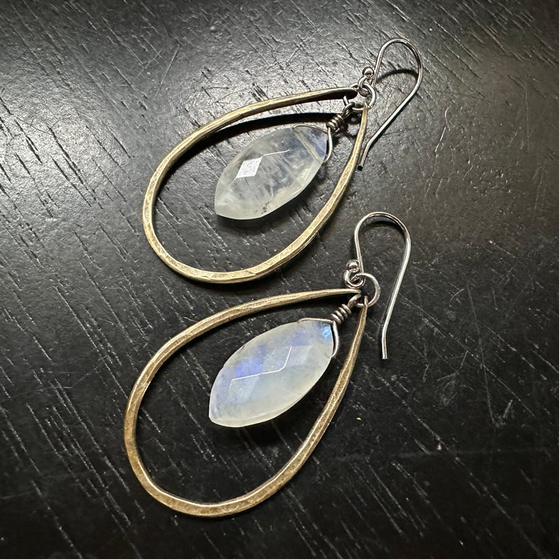 Rainbow Moonstone Teardrop Earrings in Small Brass Hoops