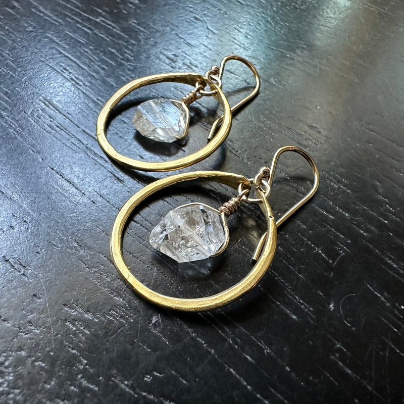 NEW! Tiny GOLD Hoops with RAW Herkimer Diamonds, GOLD VERMEIL