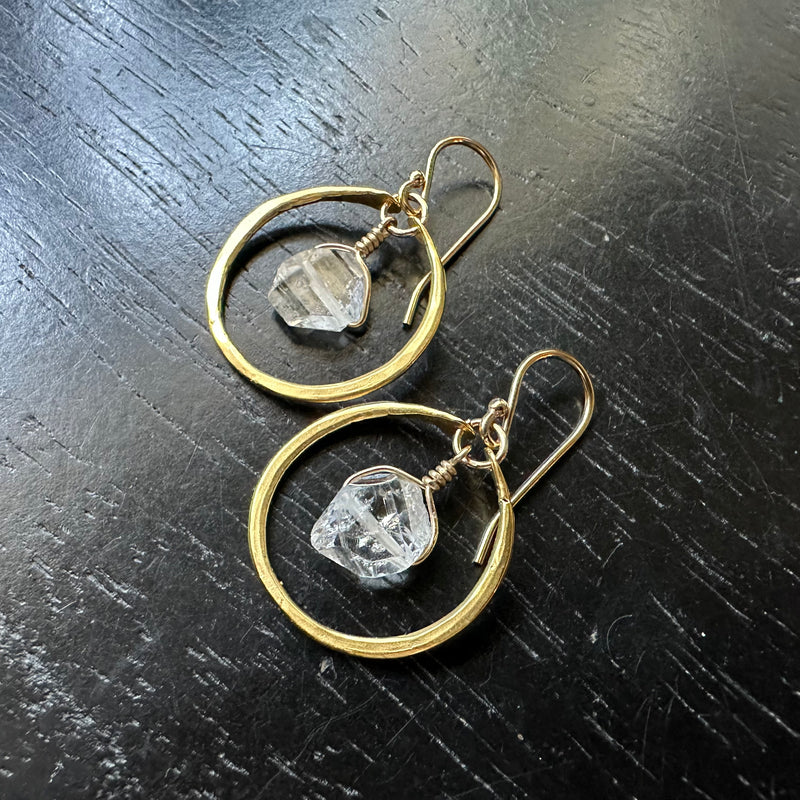 Raw Herkimer Diamonds in Tiny Gold Hoops, 24K GOLD VERMEIL