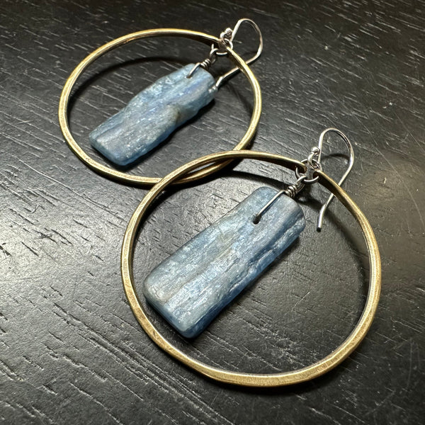 Kyanite Earrings in Medium Brass Hoops