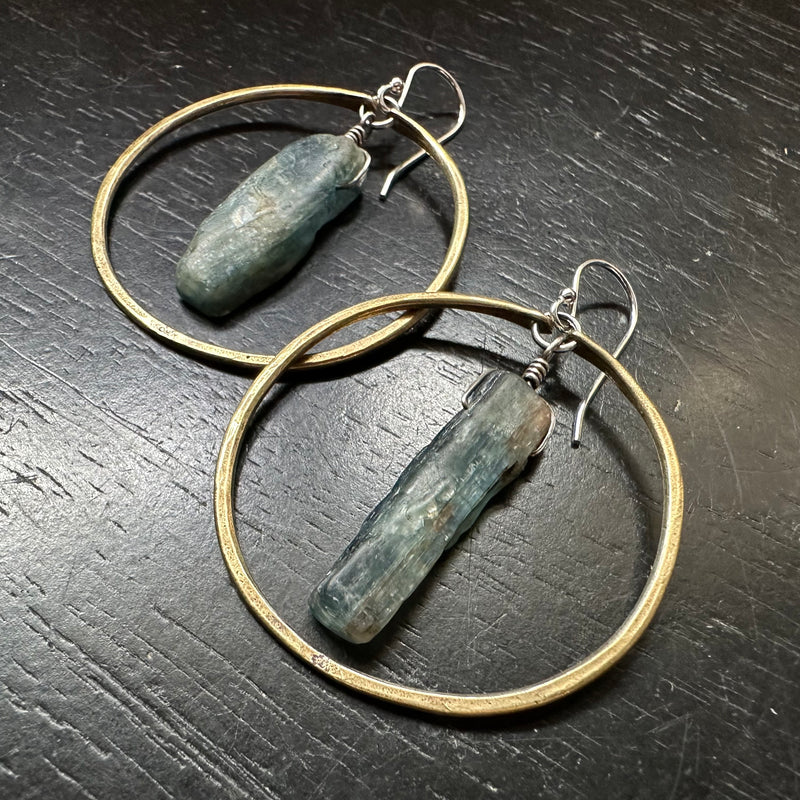 Kyanite Earrings in Medium Brass Hoops