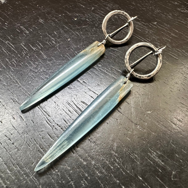 NEW! #1 RARE Bookmatched LEMURIAN AQUATINE BLUE Spear dangles, Silver Forged Rings OOAK #1