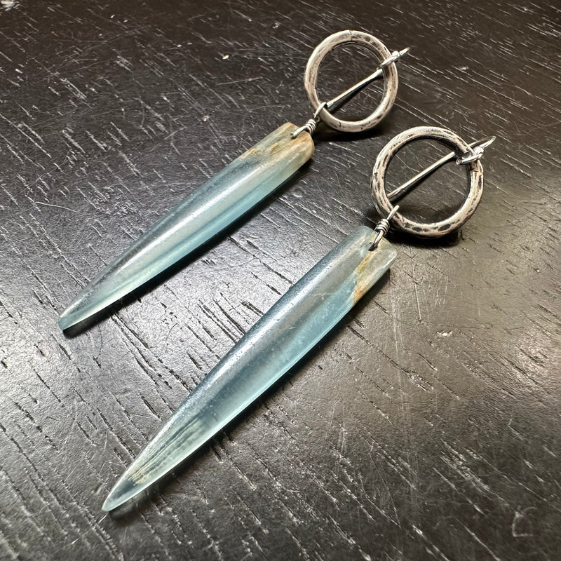 NEW! #1 RARE Bookmatched LEMURIAN AQUATINE BLUE Spear dangles, Silver Forged Rings OOAK #1
