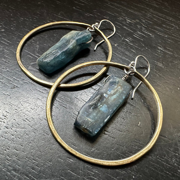 Kyanite Earrings in Medium Brass Hoops