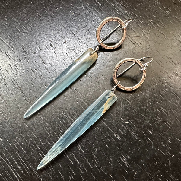 NEW! #1 RARE Bookmatched LEMURIAN AQUATINE BLUE Spear dangles, Silver Forged Rings OOAK #1