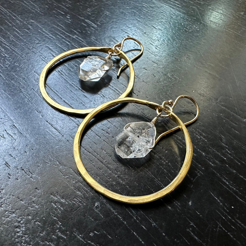 Faceted Herkimer Diamond Earrings in Small Gold Hoops