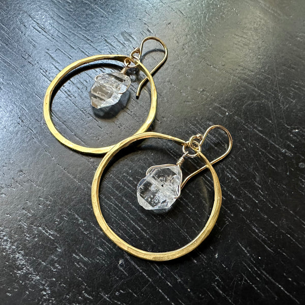 NEW! Small GOLD Hoops with Raw Faceted Herkimer Diamonds, GOLD VERMEIL