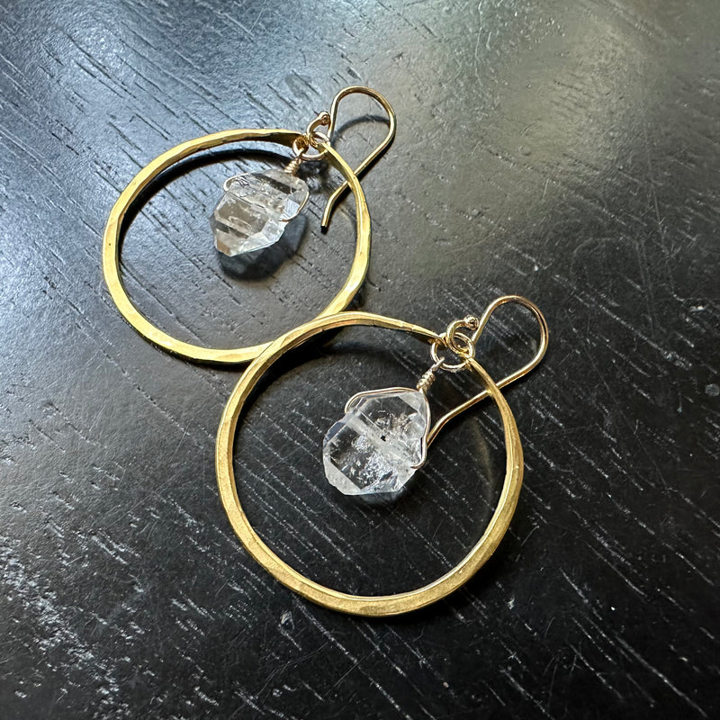 Faceted Herkimer Diamond Earrings in Small Gold Hoops