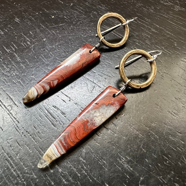 NEW! #1 Bookmatched Lepidocrocite Spear dangles, Tiny Brass Forged Rings, OOAK #1