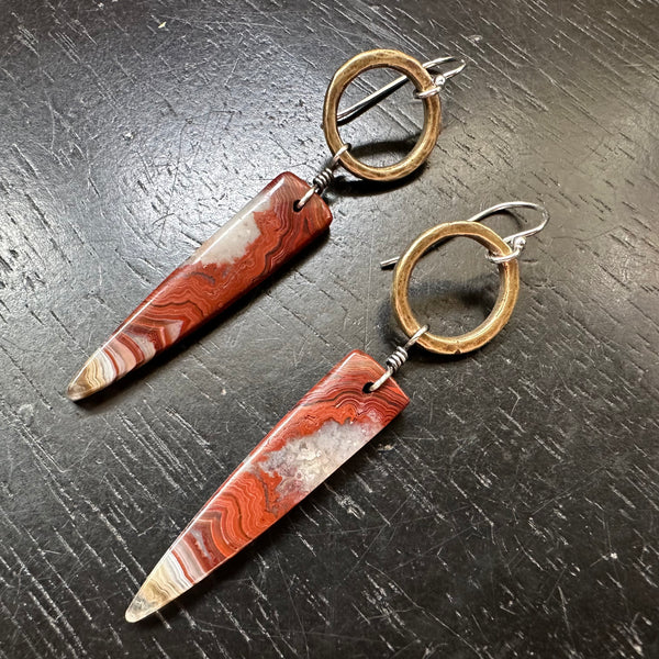 NEW! #1 Bookmatched Lepidocrocite Spear dangles, Tiny Brass Forged Rings, OOAK #1