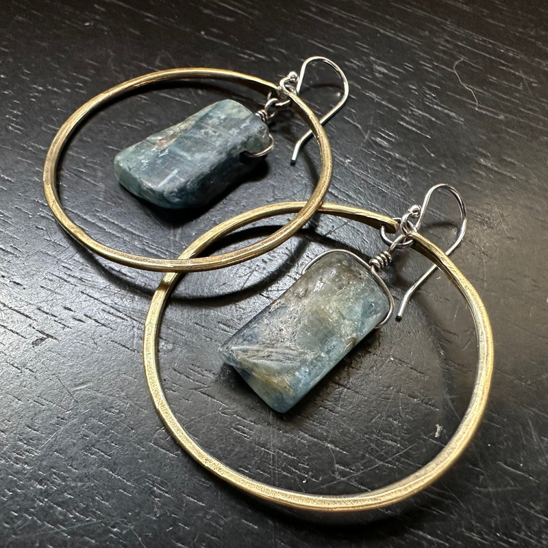 Kyanite Earrings in Medium Brass Hoops