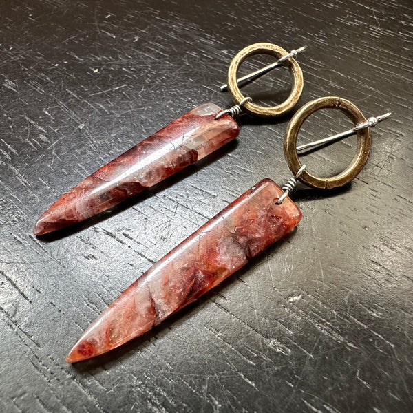 NEW! #2 Bookmatched Lepidocrocite Spear dangles, Tiny Brass Forged Rings, OOAK #2