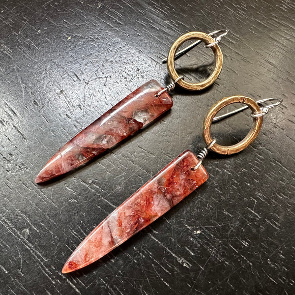 NEW! #2 Bookmatched Lepidocrocite Spear dangles, Tiny Brass Forged Rings, OOAK #2