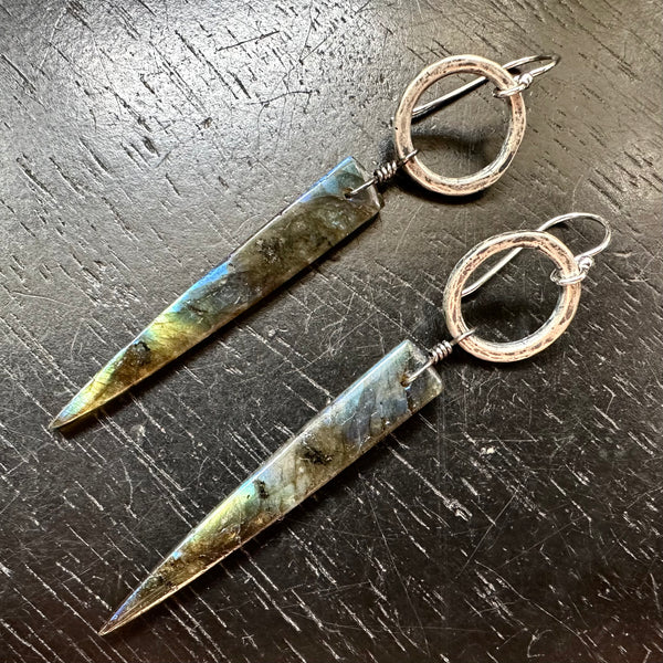 NEW! #2 Bookmatched Labradorite Spear dangles Tiny Silver Forged Rings, OOAK #2