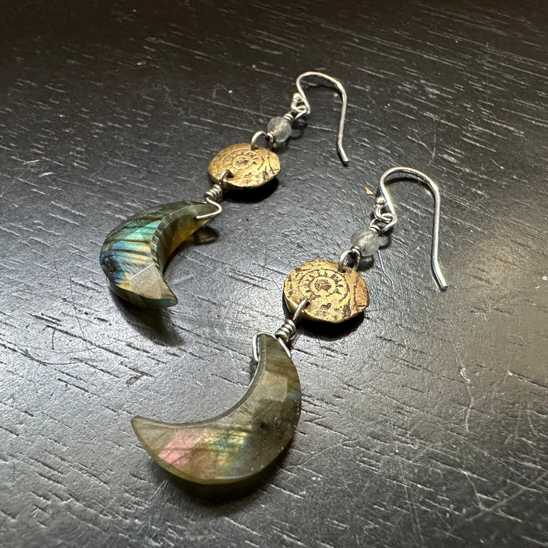 Faceted Labradorite Moon Earrings