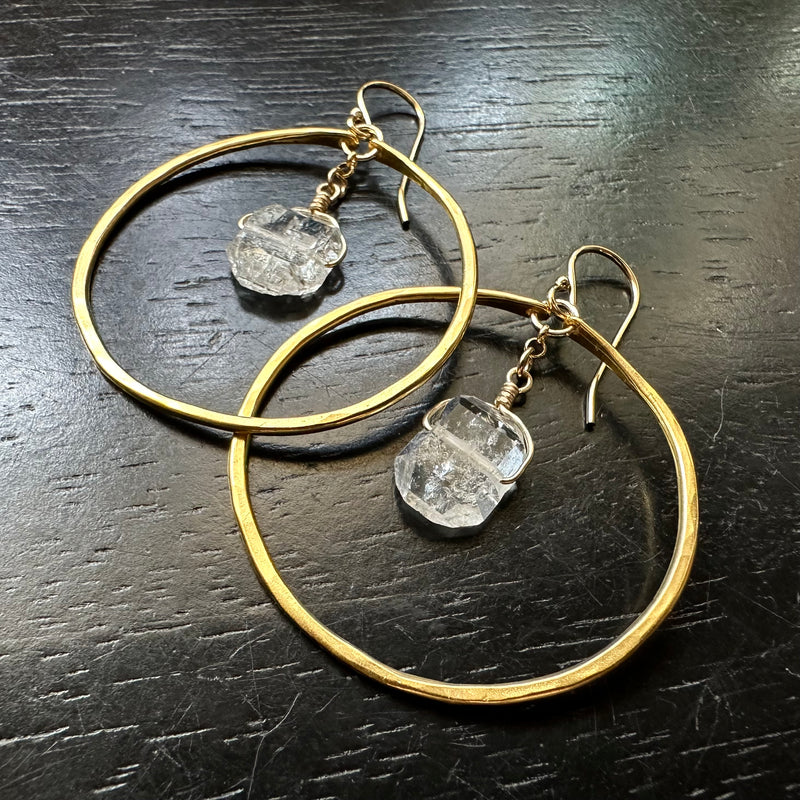 NEW! Medium GOLD Hoops with Raw Faceted Herkimer Diamonds, GOLD VERMEIL