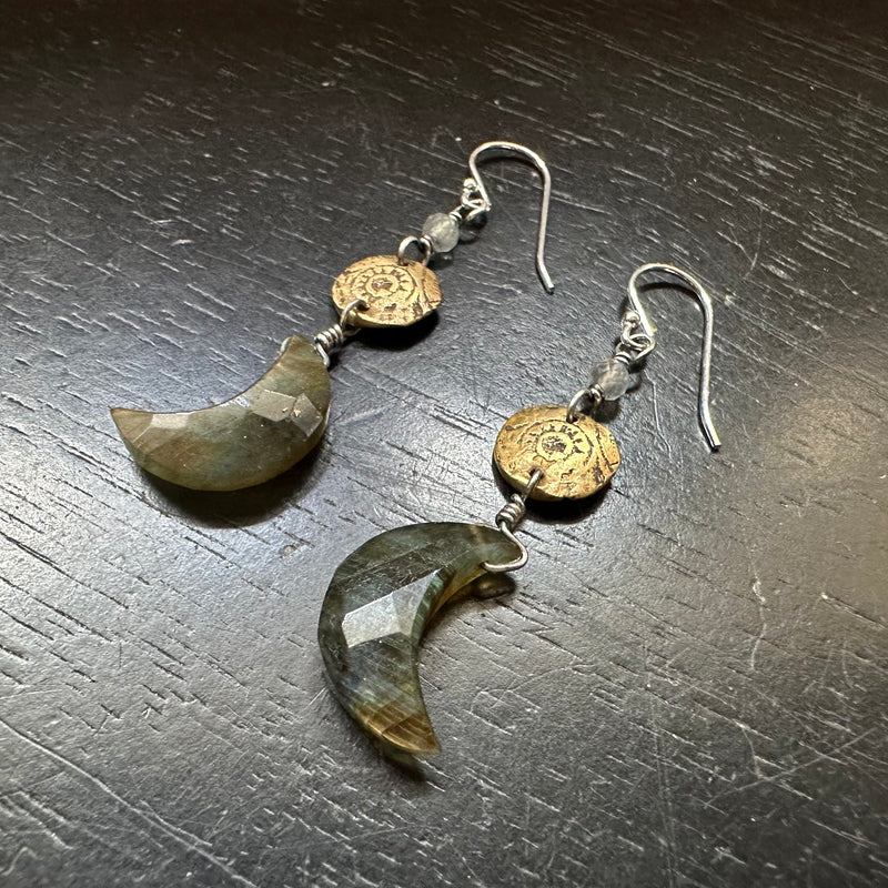 Faceted Labradorite Moon Earrings