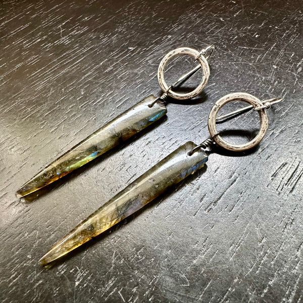 NEW! #2 Bookmatched Labradorite Spear dangles Tiny Silver Forged Rings, OOAK #2