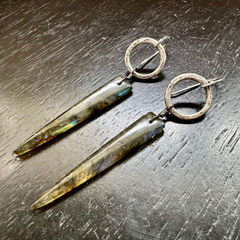 NEW! #2 Bookmatched Labradorite Spear dangles Tiny Silver Forged Rings, OOAK #2