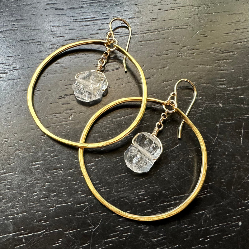 NEW! Medium GOLD Hoops with Raw Faceted Herkimer Diamonds, GOLD VERMEIL