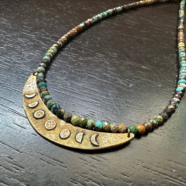 Moon Phase Crescent Pendant - Brass on Dragon Skin Turquoise
