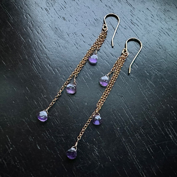 Faceted Amethyst Dew Drop Earrings (February BIRTHSTONE) 14K GOLD chains