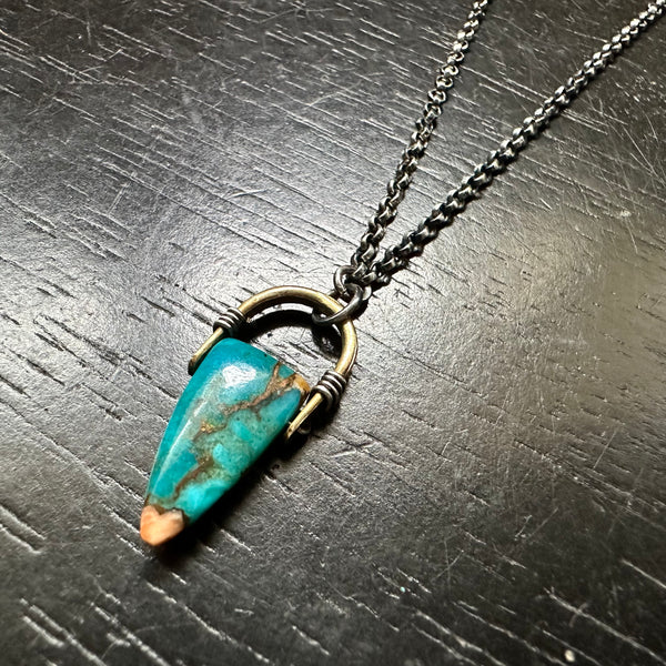 LIMITED BATCH! #4 Tiny Brass Taliswoman, Oyster Turquoise Copper Silver necklace OOAK #4