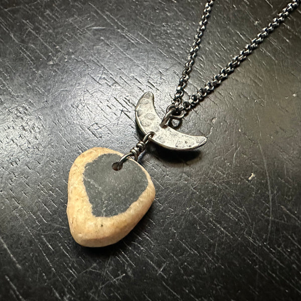 VERMONT ROCKS! NEW #3 "WISHING STONE" SILVER CRESCENT MOON NECKLACE, OOAK #3
