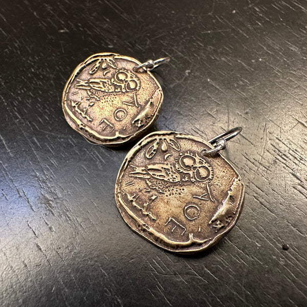 Ancient Athena's Owl Brass Coin Earrings